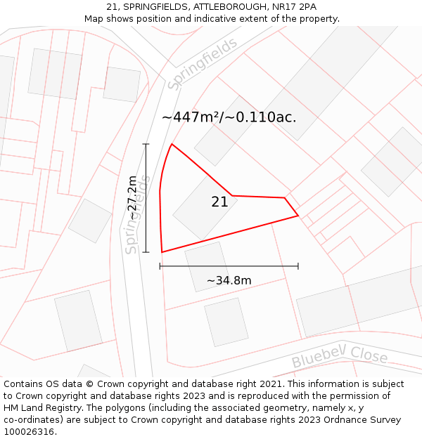 21, SPRINGFIELDS, ATTLEBOROUGH, NR17 2PA: Plot and title map