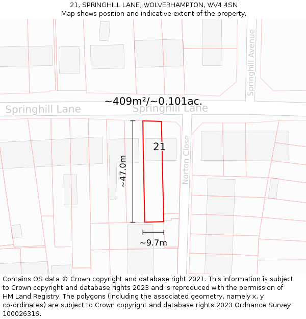 21, SPRINGHILL LANE, WOLVERHAMPTON, WV4 4SN: Plot and title map