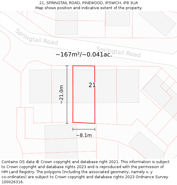 21, SPRINGTAIL ROAD, PINEWOOD, IPSWICH, IP8 3UA: Plot and title map