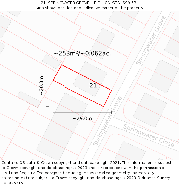 21, SPRINGWATER GROVE, LEIGH-ON-SEA, SS9 5BL: Plot and title map