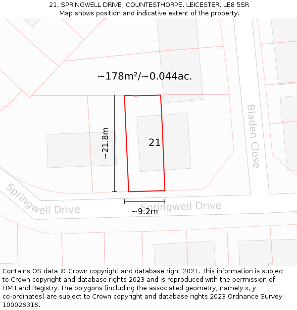 21, SPRINGWELL DRIVE, COUNTESTHORPE, LEICESTER, LE8 5SR: Plot and title map