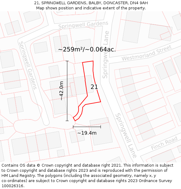 21, SPRINGWELL GARDENS, BALBY, DONCASTER, DN4 9AH: Plot and title map