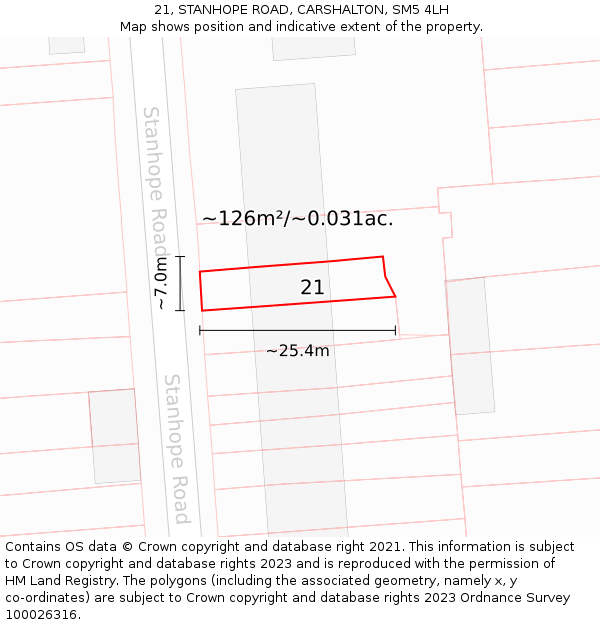 21, STANHOPE ROAD, CARSHALTON, SM5 4LH: Plot and title map