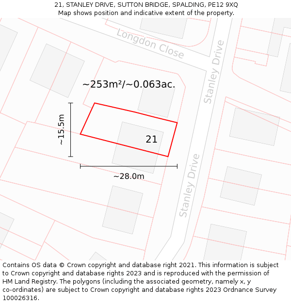 21, STANLEY DRIVE, SUTTON BRIDGE, SPALDING, PE12 9XQ: Plot and title map