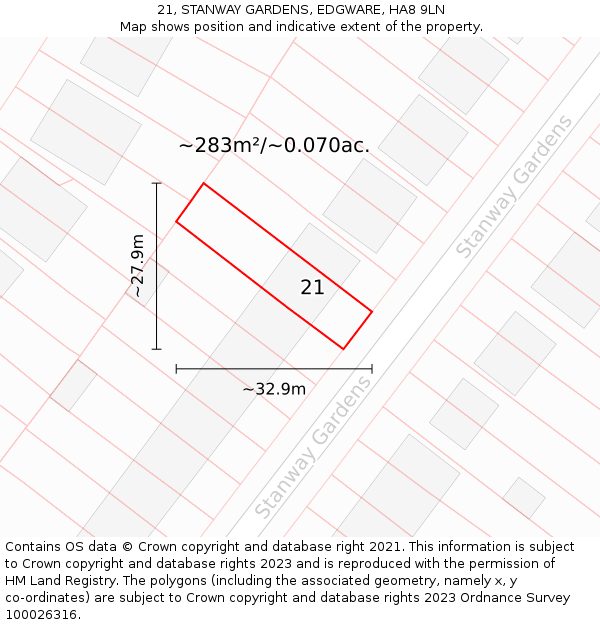 21, STANWAY GARDENS, EDGWARE, HA8 9LN: Plot and title map