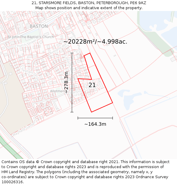 21, STARSMORE FIELDS, BASTON, PETERBOROUGH, PE6 9AZ: Plot and title map