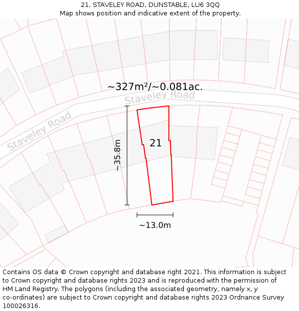 21, STAVELEY ROAD, DUNSTABLE, LU6 3QQ: Plot and title map