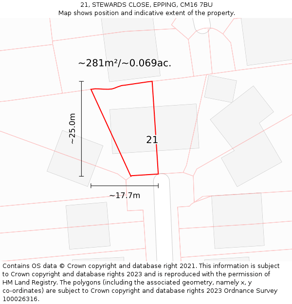 21, STEWARDS CLOSE, EPPING, CM16 7BU: Plot and title map
