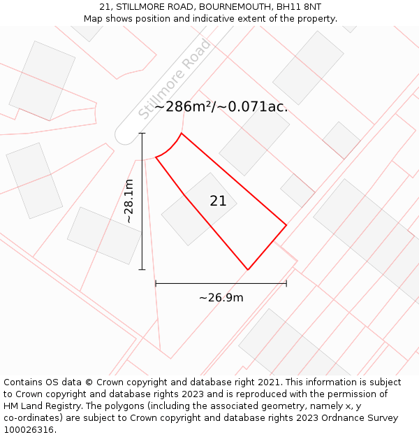 21, STILLMORE ROAD, BOURNEMOUTH, BH11 8NT: Plot and title map