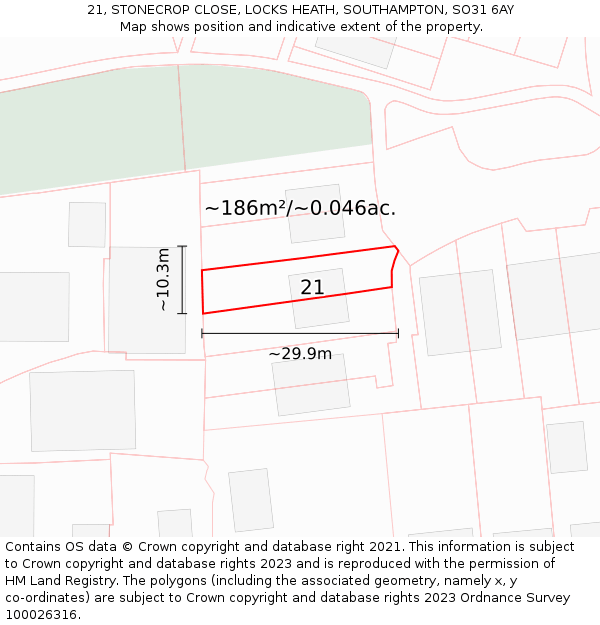 21, STONECROP CLOSE, LOCKS HEATH, SOUTHAMPTON, SO31 6AY: Plot and title map