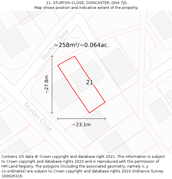 21, STURTON CLOSE, DONCASTER, DN4 7JG: Plot and title map