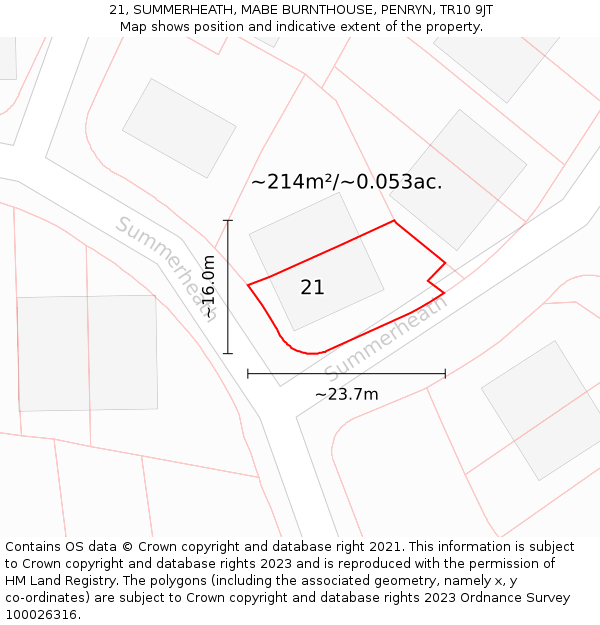 21, SUMMERHEATH, MABE BURNTHOUSE, PENRYN, TR10 9JT: Plot and title map