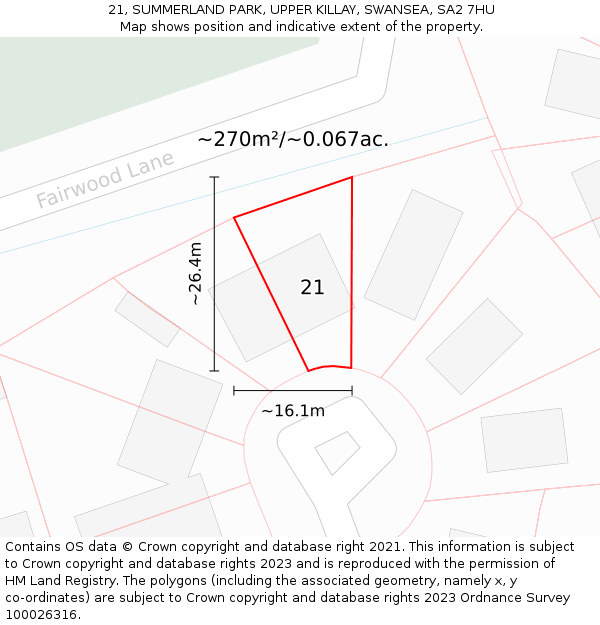 21, SUMMERLAND PARK, UPPER KILLAY, SWANSEA, SA2 7HU: Plot and title map