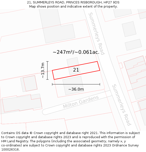 21, SUMMERLEYS ROAD, PRINCES RISBOROUGH, HP27 9DS: Plot and title map