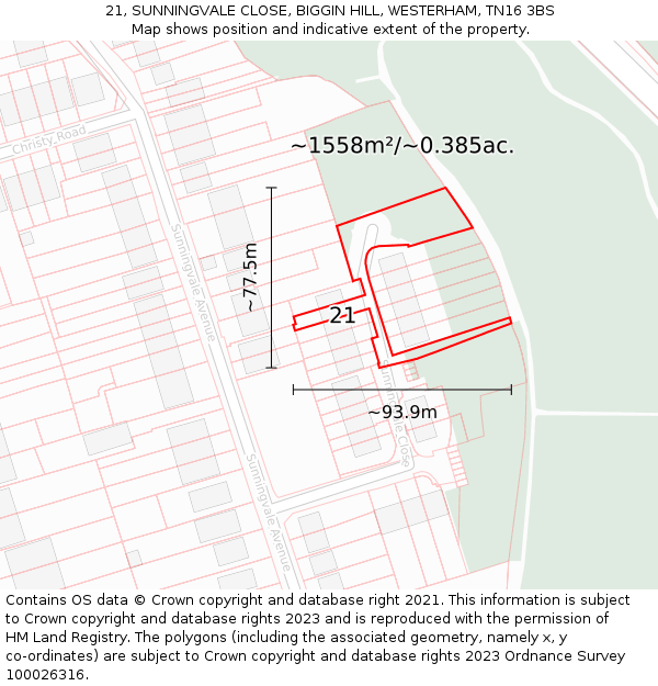 21, SUNNINGVALE CLOSE, BIGGIN HILL, WESTERHAM, TN16 3BS: Plot and title map