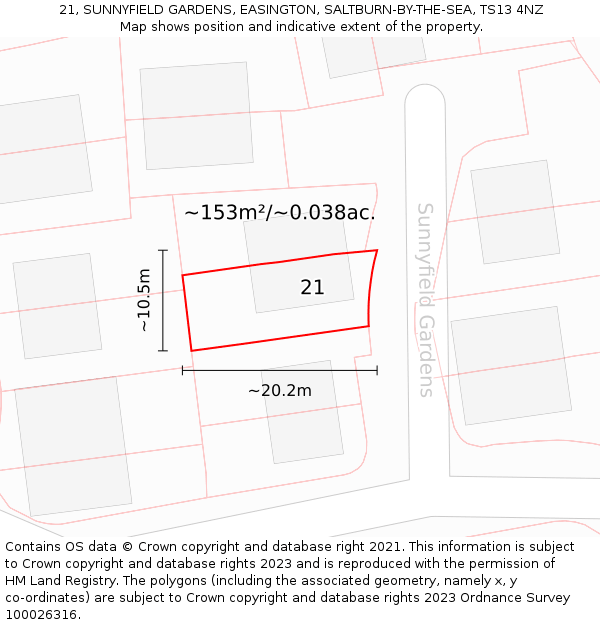 21, SUNNYFIELD GARDENS, EASINGTON, SALTBURN-BY-THE-SEA, TS13 4NZ: Plot and title map