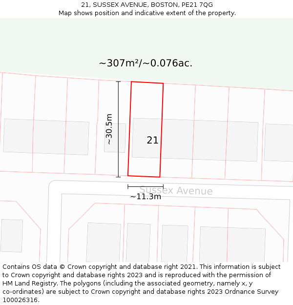 21, SUSSEX AVENUE, BOSTON, PE21 7QG: Plot and title map
