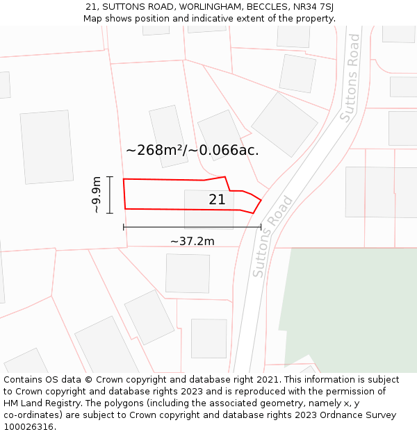 21, SUTTONS ROAD, WORLINGHAM, BECCLES, NR34 7SJ: Plot and title map