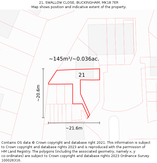 21, SWALLOW CLOSE, BUCKINGHAM, MK18 7ER: Plot and title map