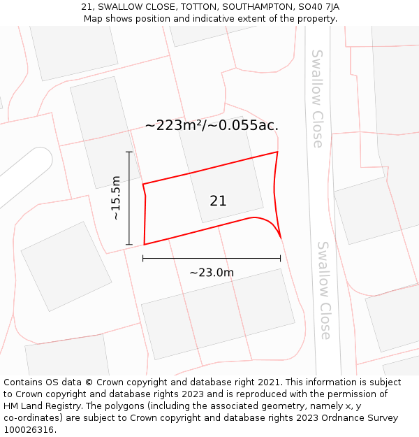 21, SWALLOW CLOSE, TOTTON, SOUTHAMPTON, SO40 7JA: Plot and title map