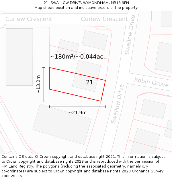 21, SWALLOW DRIVE, WYMONDHAM, NR18 9FN: Plot and title map