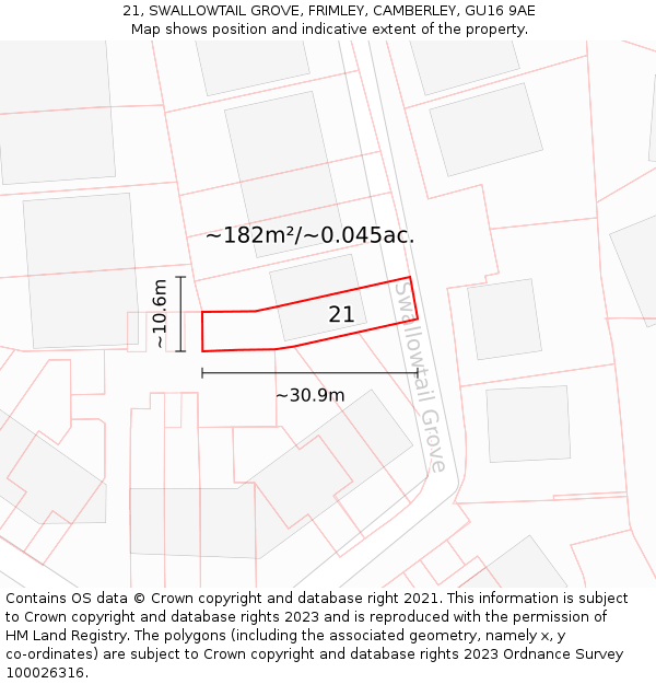 21, SWALLOWTAIL GROVE, FRIMLEY, CAMBERLEY, GU16 9AE: Plot and title map