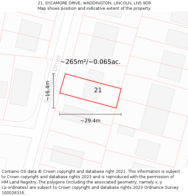 21, SYCAMORE DRIVE, WADDINGTON, LINCOLN, LN5 9DR: Plot and title map