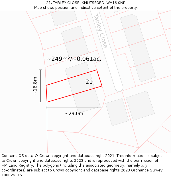 21, TABLEY CLOSE, KNUTSFORD, WA16 0NP: Plot and title map