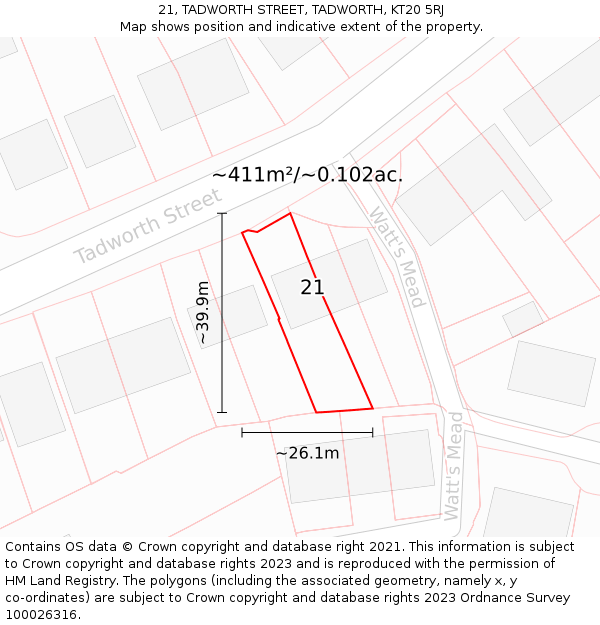 21, TADWORTH STREET, TADWORTH, KT20 5RJ: Plot and title map