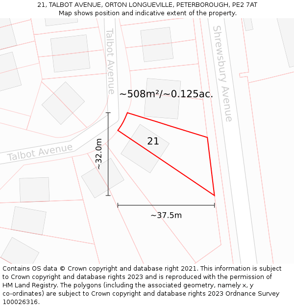 21, TALBOT AVENUE, ORTON LONGUEVILLE, PETERBOROUGH, PE2 7AT: Plot and title map