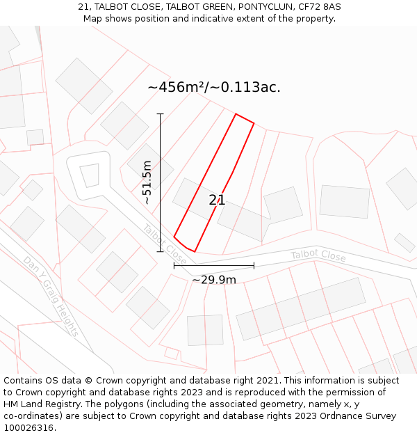 21, TALBOT CLOSE, TALBOT GREEN, PONTYCLUN, CF72 8AS: Plot and title map