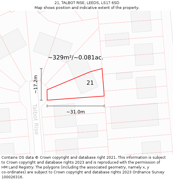 21, TALBOT RISE, LEEDS, LS17 6SD: Plot and title map