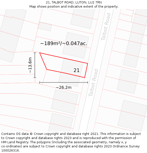 21, TALBOT ROAD, LUTON, LU2 7RN: Plot and title map