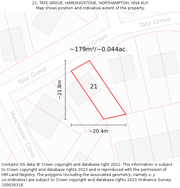 21, TATE GROVE, HARDINGSTONE, NORTHAMPTON, NN4 6UY: Plot and title map