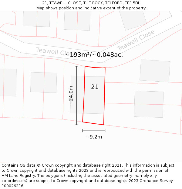 21, TEAWELL CLOSE, THE ROCK, TELFORD, TF3 5BL: Plot and title map