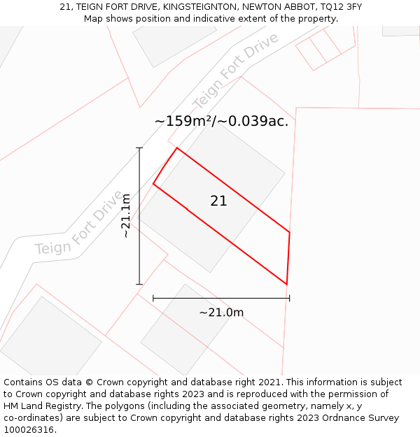 21, TEIGN FORT DRIVE, KINGSTEIGNTON, NEWTON ABBOT, TQ12 3FY: Plot and title map