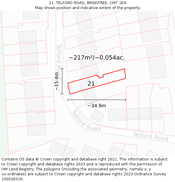 21, TELFORD ROAD, BRAINTREE, CM7 1EA: Plot and title map