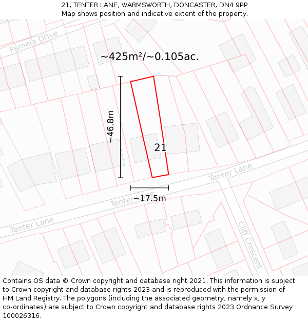 21, TENTER LANE, WARMSWORTH, DONCASTER, DN4 9PP: Plot and title map