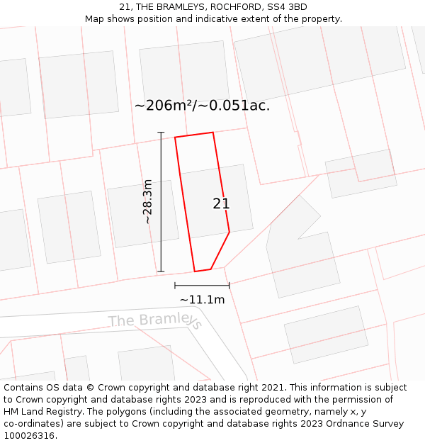 21, THE BRAMLEYS, ROCHFORD, SS4 3BD: Plot and title map