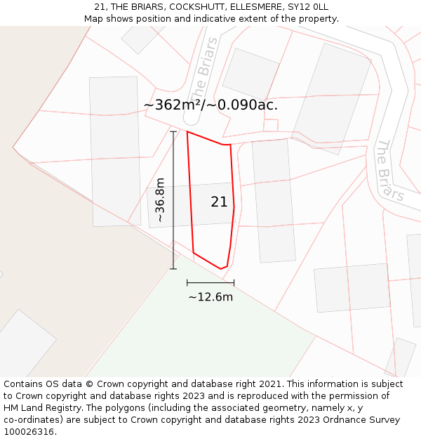 21, THE BRIARS, COCKSHUTT, ELLESMERE, SY12 0LL: Plot and title map