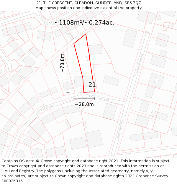 21, THE CRESCENT, CLEADON, SUNDERLAND, SR6 7QZ: Plot and title map