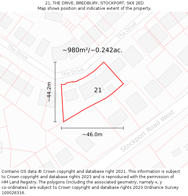 21, THE DRIVE, BREDBURY, STOCKPORT, SK6 2ED: Plot and title map