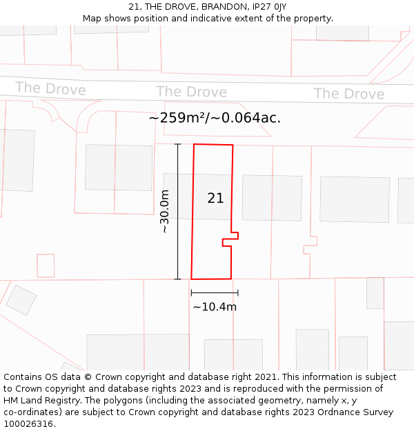 21, THE DROVE, BRANDON, IP27 0JY: Plot and title map