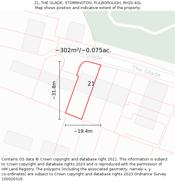 21, THE GLADE, STORRINGTON, PULBOROUGH, RH20 4GL: Plot and title map