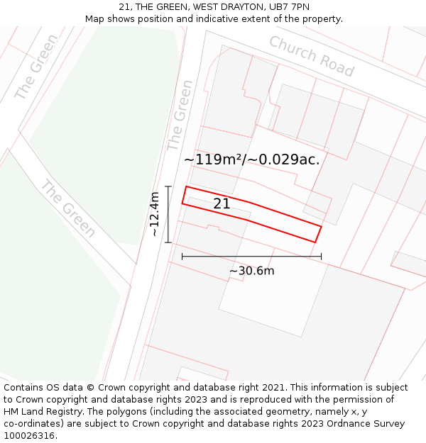 21, THE GREEN, WEST DRAYTON, UB7 7PN: Plot and title map