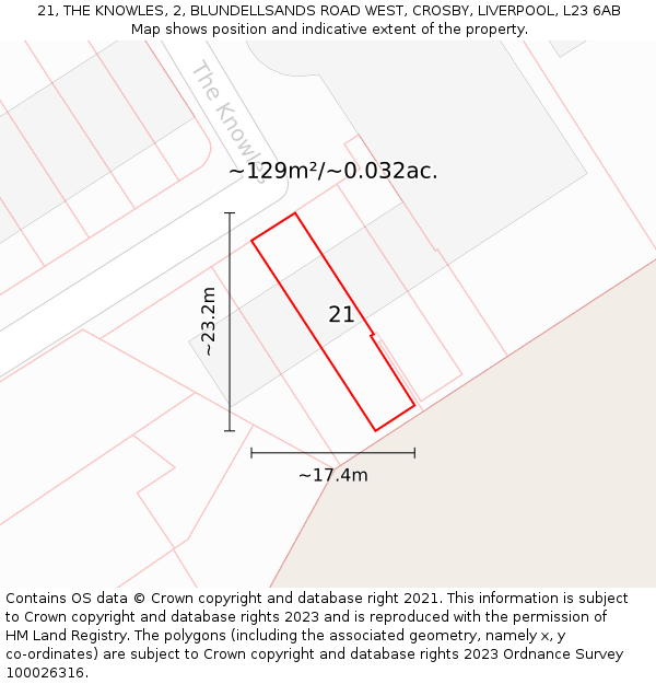 21, THE KNOWLES, 2, BLUNDELLSANDS ROAD WEST, CROSBY, LIVERPOOL, L23 6AB: Plot and title map