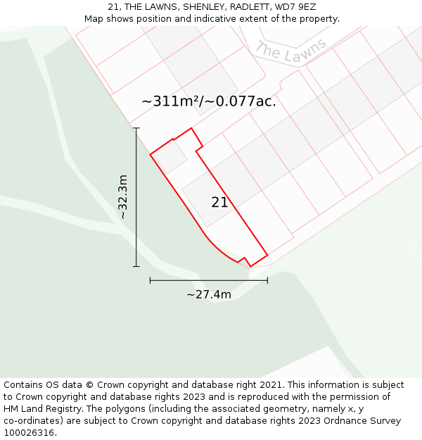 21, THE LAWNS, SHENLEY, RADLETT, WD7 9EZ: Plot and title map