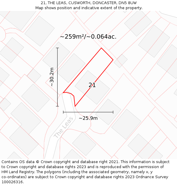 21, THE LEAS, CUSWORTH, DONCASTER, DN5 8UW: Plot and title map
