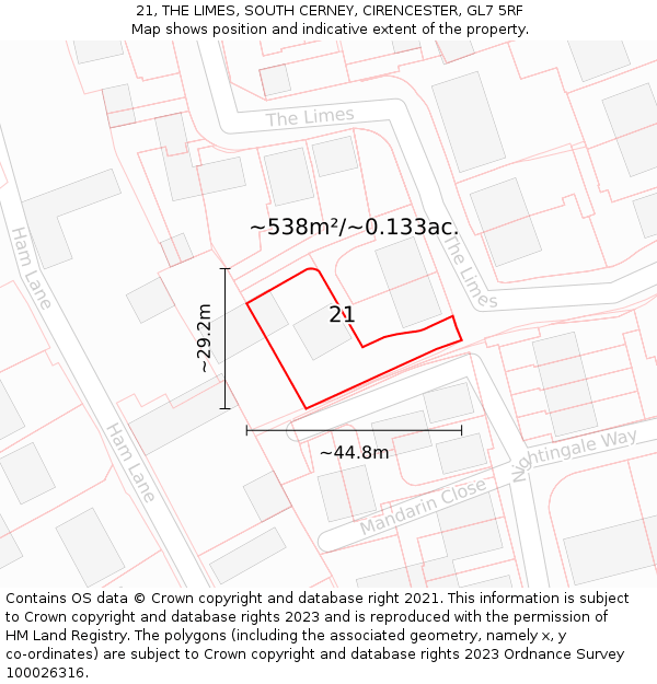 21, THE LIMES, SOUTH CERNEY, CIRENCESTER, GL7 5RF: Plot and title map