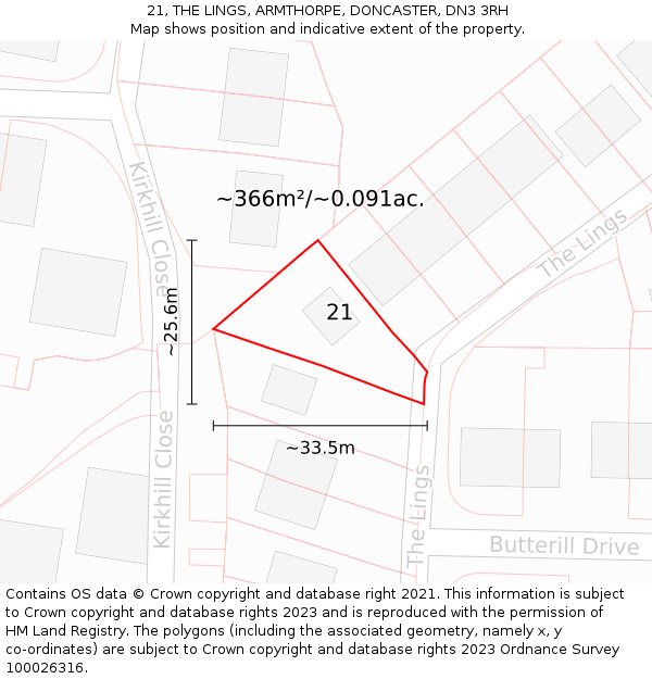 21, THE LINGS, ARMTHORPE, DONCASTER, DN3 3RH: Plot and title map